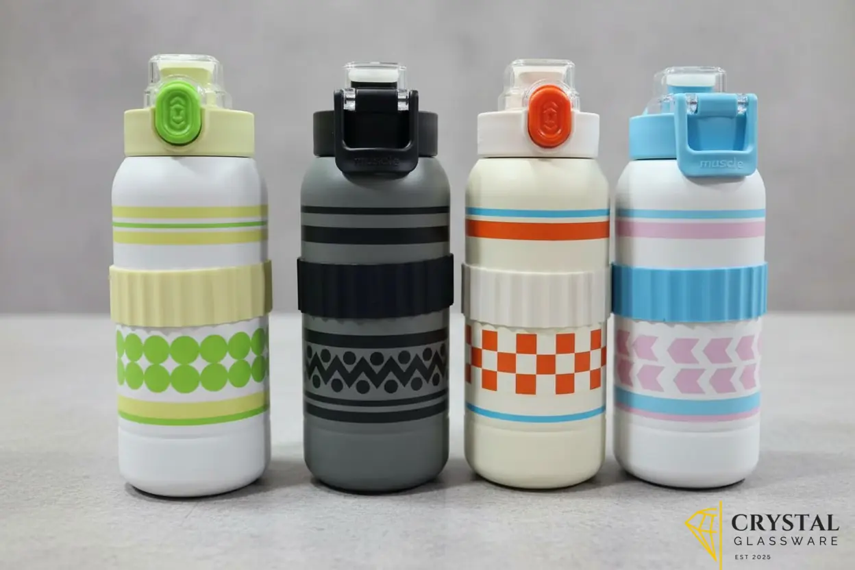 Bingo vacuum-insulated thermal water bottle featuring a patterned silicone grip sleeve and a flip-top lid